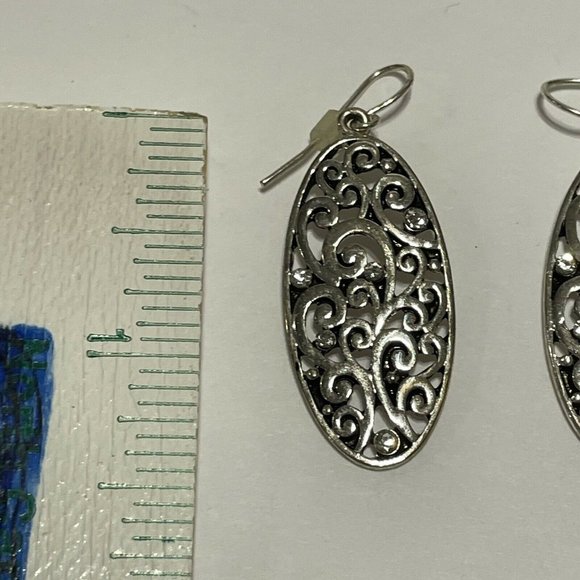 silver tone openwork scroll dangle hook earrings Filigree Rhinestone - Picture 6 of 7